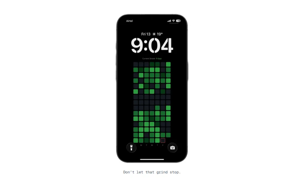 An iPhone lockscreen showing a GitHub contribution graph and a nine-day streak