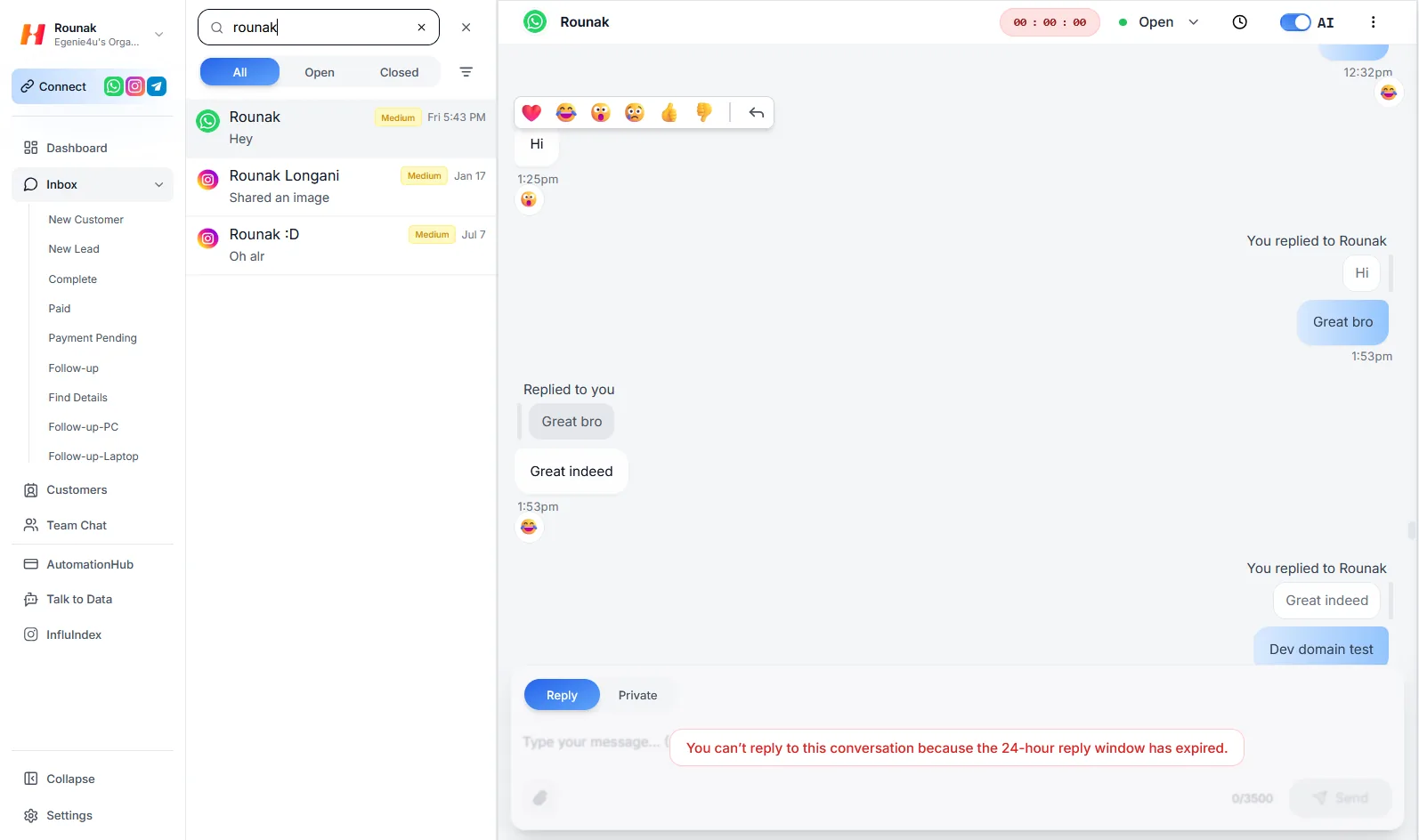 The HeidelAI inbox — WhatsApp and Instagram conversations in one thread, with the AI reply toggle on