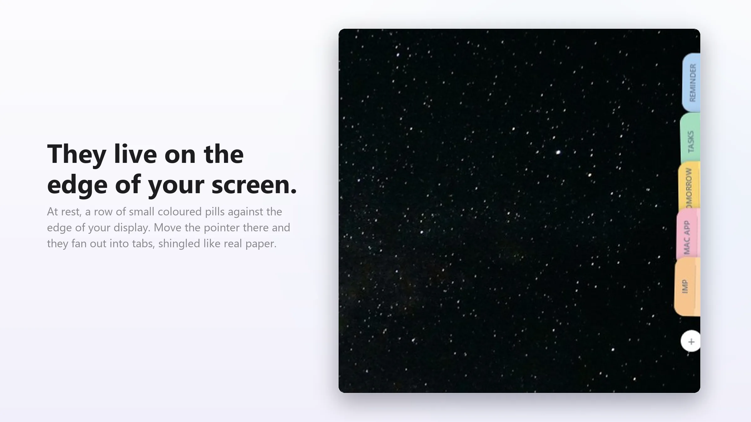 The deck at rest — coloured tabs shingled against the right edge of the desktop