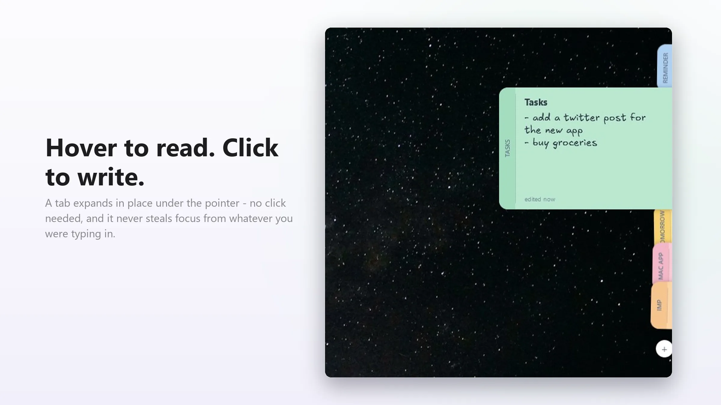 A green Tasks note expanded under the pointer, still docked at the edge