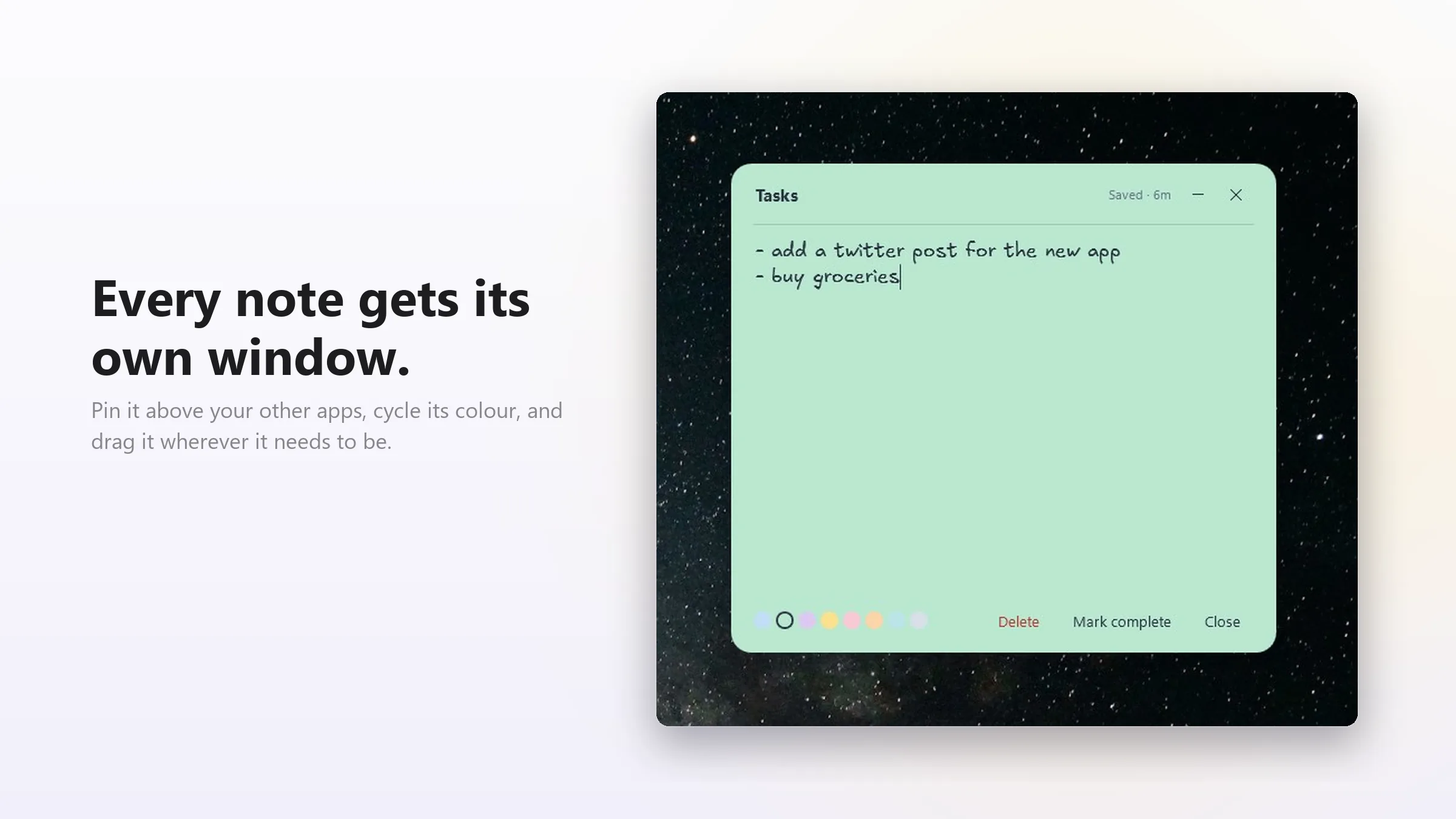 A note open as a floating window, with the colour row and delete, mark complete and close along the bottom