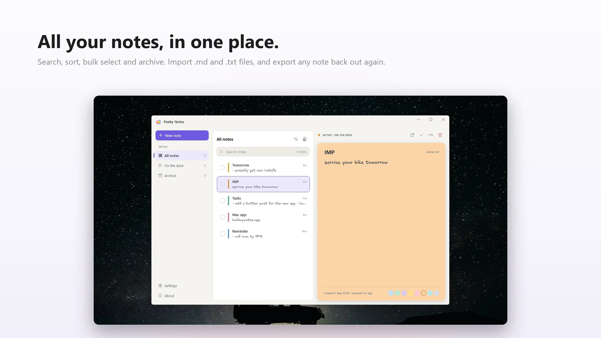 The All notes window — sidebar, a searchable list of five notes, and the selected note beside it
