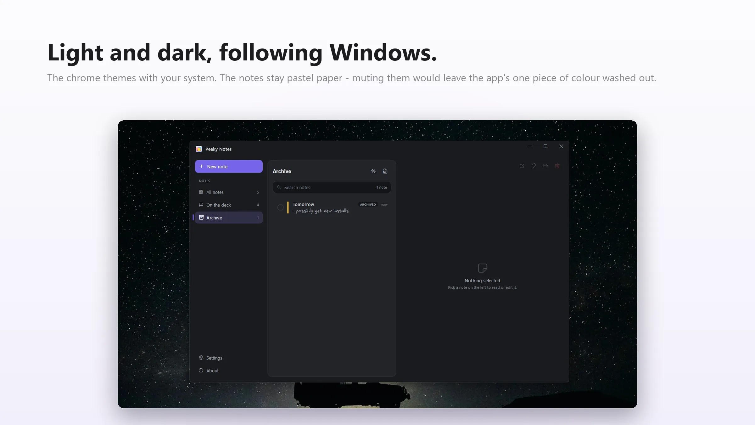 The same window in dark theme, showing the Archive view