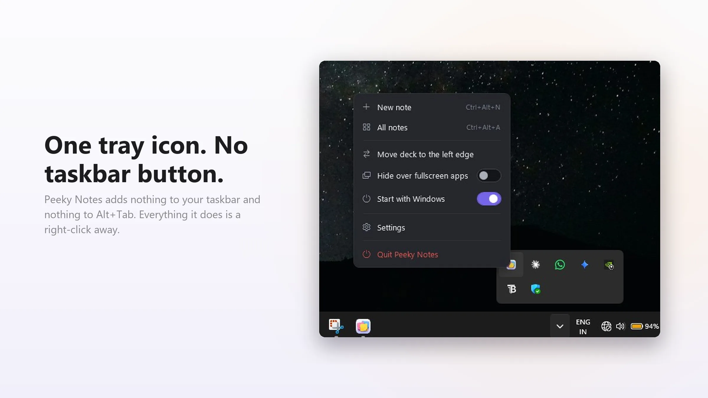 The tray menu open over the Windows taskbar, with shortcuts and toggles for start-up and hiding over fullscreen apps