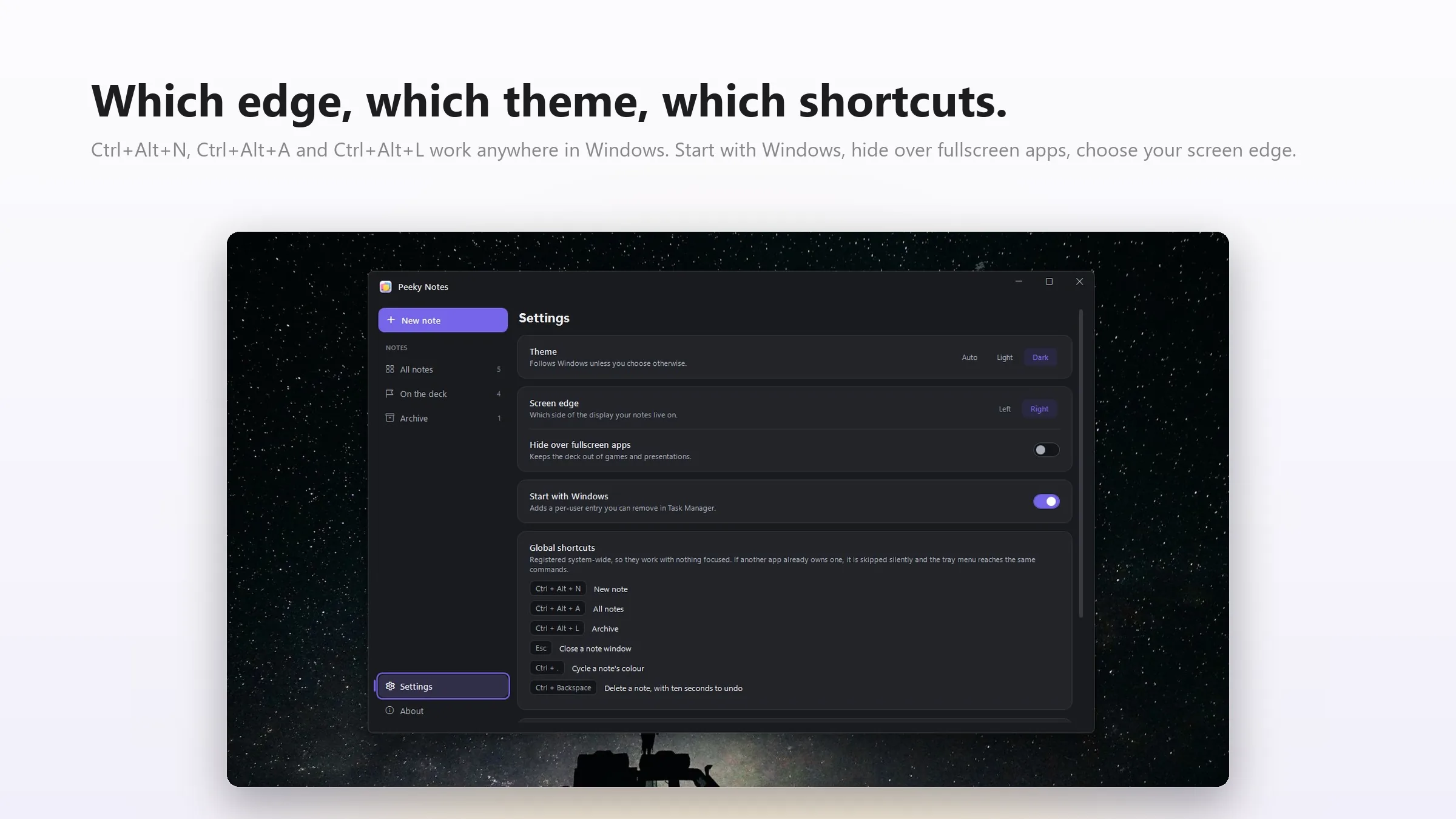 Settings — theme, screen edge, start-up toggles and the full list of global shortcuts
