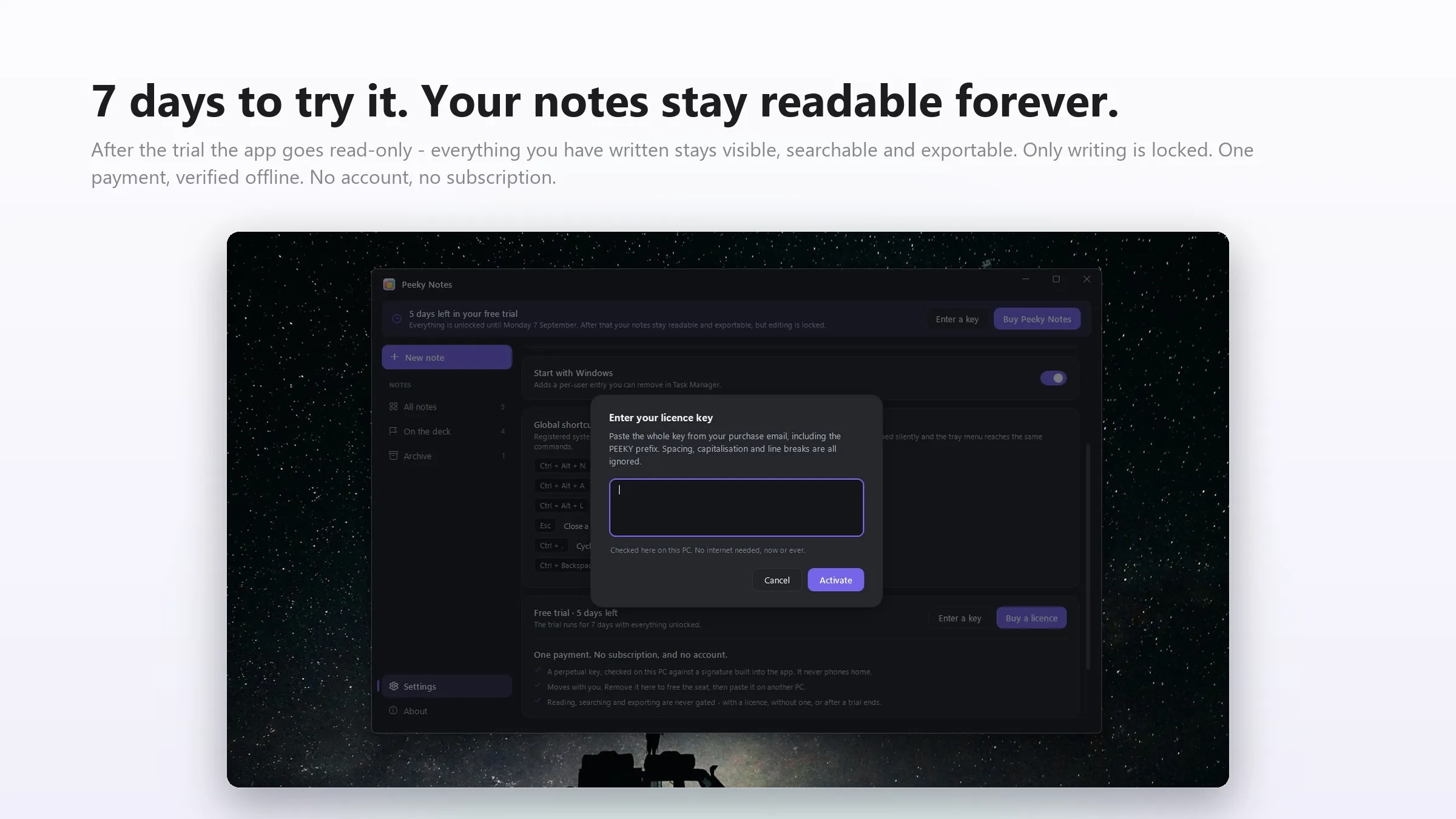 The licence key dialog over Settings, with the free trial banner counting down