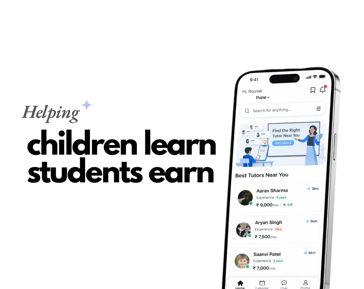 TutorUp on a phone, listing verified tutors nearby with their distance, experience and monthly fee