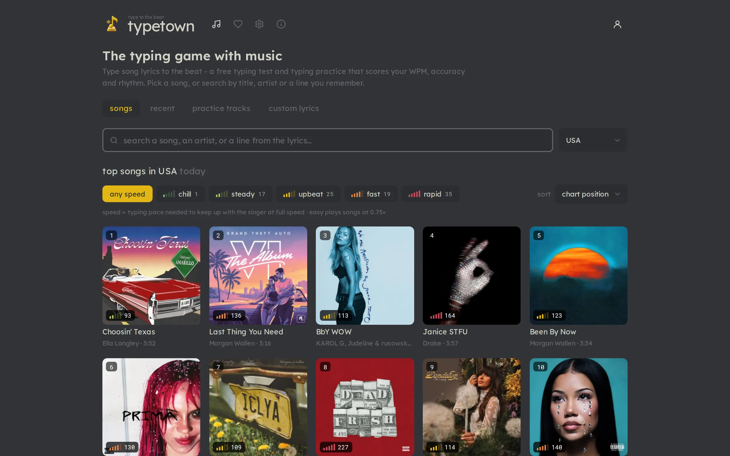 The home page: search by title, artist or a line of lyrics, speed filters from chill to rapid, and today's top songs as album-art tiles