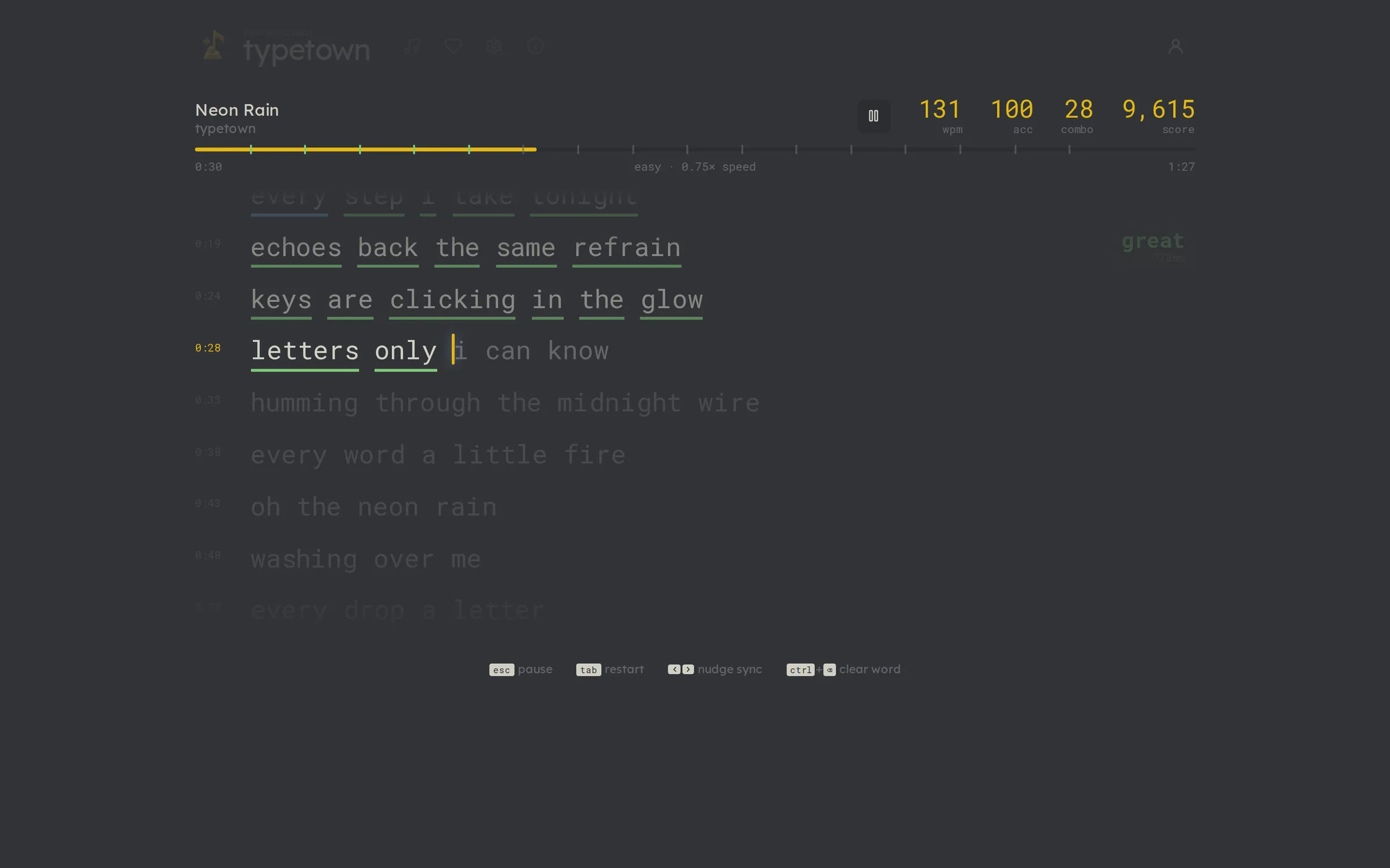Mid-run: typed words underlined by timing judgment, the player's caret and the song's caret on the current line, live WPM, accuracy, combo and score